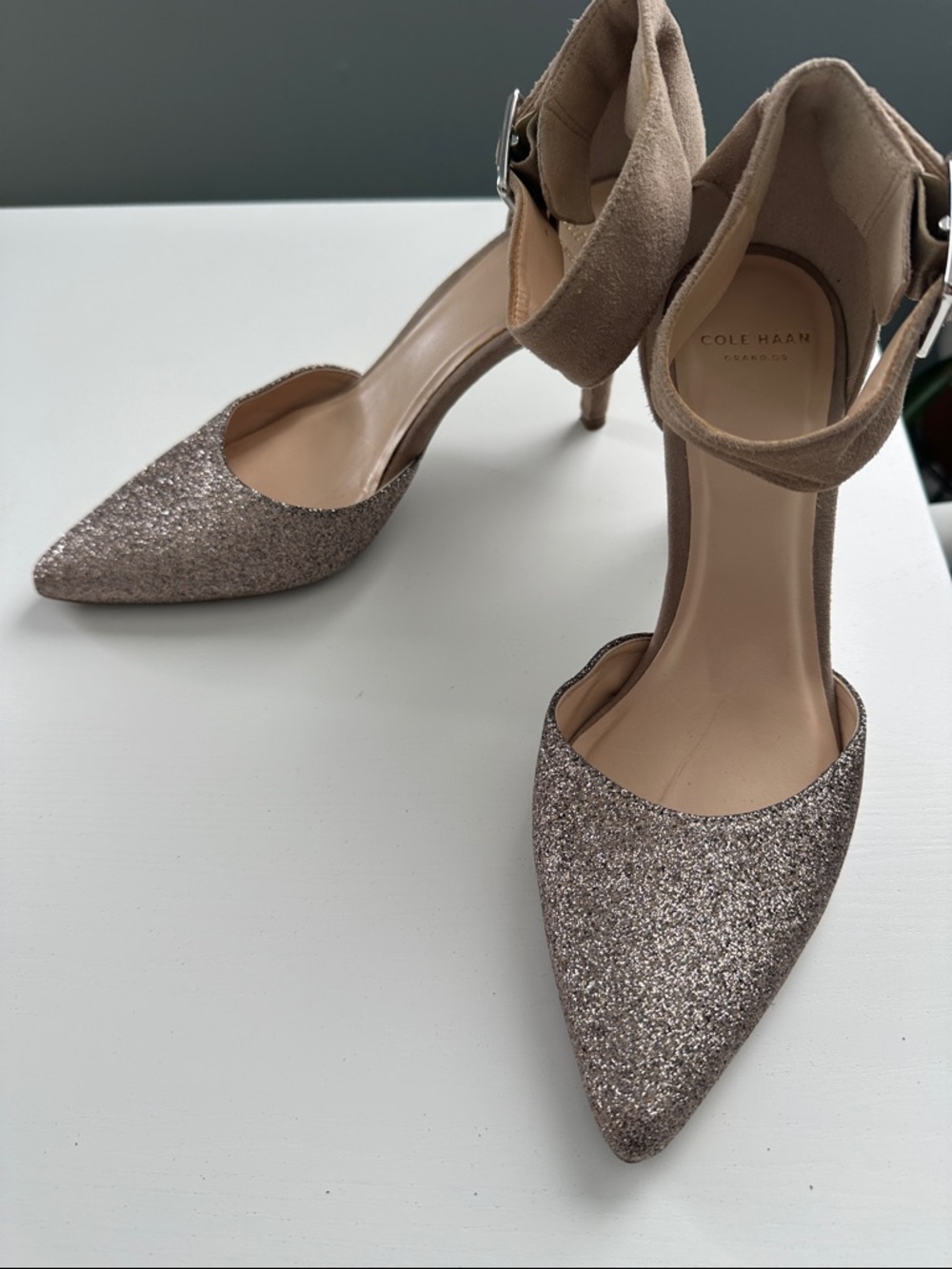 Cole Haan Rose Taupe Glitter Pointed-Toe Ankle-Strap Heels